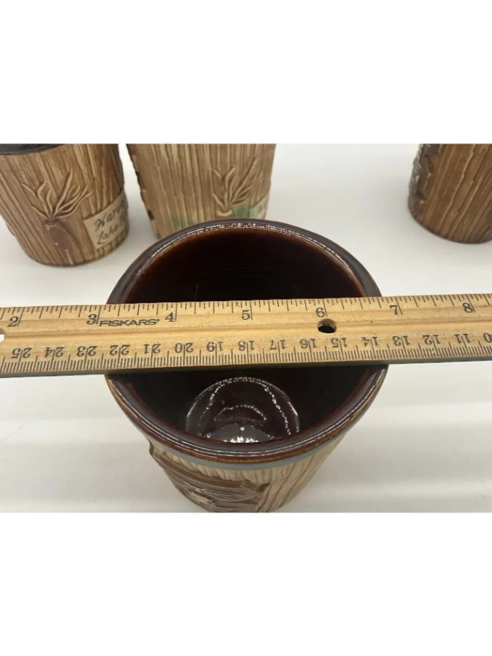 Harveys Lake Tahoe Vintage Tiki Mug Otagiri Brown Bucket Style Set of 4 Barware